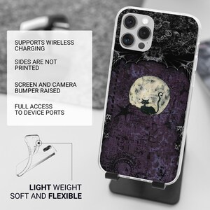 May include: A clear phone case featuring a black cat silhouette against a large full moon on a dark purple textured background. The case includes text detailing features like wireless charging support, raised bumpers, and flexible material construction.