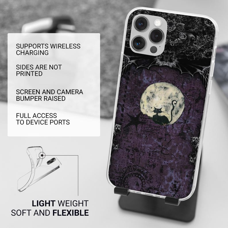 May include: A clear phone case featuring a black cat silhouette against a large full moon on a dark purple textured background. The case includes text detailing features like wireless charging support, raised bumpers, and flexible material construction.