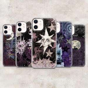 May include: Five clear phone cases featuring dark purple and black collage designs. The patterns include celestial sun and moon faces, stars, silhouettes of cats, mushrooms, and abstract swirls. Each case has a dual camera cutout at the top left.