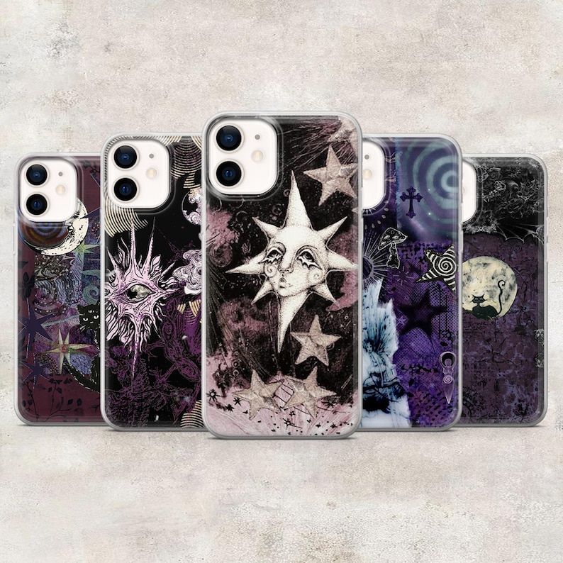 May include: Five clear phone cases featuring dark purple and black collage designs. The patterns include celestial sun and moon faces, stars, silhouettes of cats, mushrooms, and abstract swirls. Each case has a dual camera cutout at the top left.