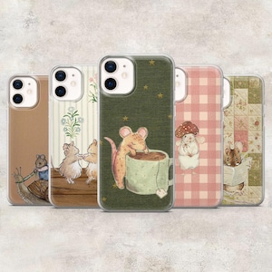 May include: Five smartphone cases featuring whimsical mouse illustrations. Designs include a mouse riding a snail, two mice dancing, a mouse with a tea mug, a mouse wearing a mushroom hat, and a mouse reading a book on a patchwork background.