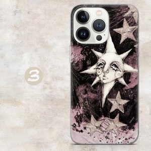 May include: A smartphone case featuring a dark purple and black background with a central white sun face illustration and multiple white stars. The design includes a prominent sun with facial features and rays, surrounded by various star shapes.
