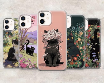 Floral Cat Phone Case Cute Cats Kawaii Cat Cover for iPhone 17Pro 16, 15, 14, 13, 12, Samsung S26, S25, S24, S23Fe, A16, A56, Pixel 10, 9Pro