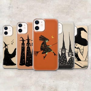 May include: Five clear phone cases featuring witch-themed illustrations. Designs include a witch in a black cloak, two witches in star-patterned dresses, a green-skinned witch flying on a broomstick, two witches with masks, and a witch reading a book.
