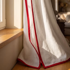 Vorhänge mit weißem Leinenbesatz, Leinenpaneel mit Bordüre, Boho-Wohnzimmer-Fensterpaneel, extra lange Vorhänge, maßgefertigte Vorhänge mit Besatz