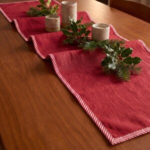 Raspberry Red Linen Table Runner with Red White Cotton Trim, Custom Dining Decor, Christmas Table Runner