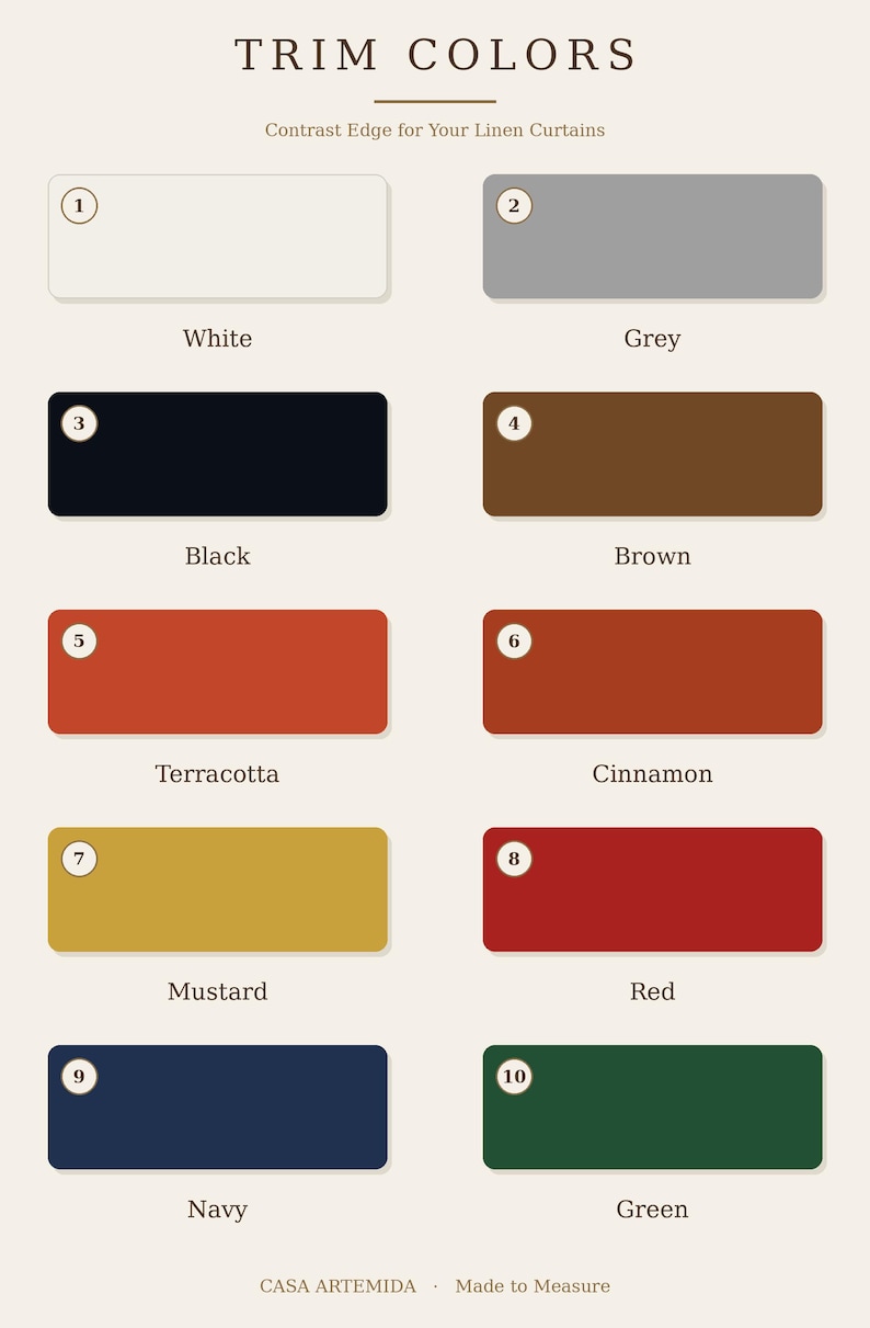 Op de afbeelding: Een kleurenkaart getiteld TRIM COLORS Contrast Edge for Your Linen Curtains met tien genummerde rechthoekige stalen in wit, grijs, zwart, bruin, terracotta, kaneel, mosterd, rood, marineblauw en groen. De tekst onderaan luidt CASA ARTEMIDA Made to Measure.