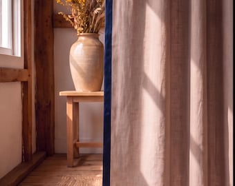 Taupe linnen gordijnen met bies, op maat gemaakte gordijnen met contrasterende rand, boho gordijnen, Europees linnen, warme grijsbruine kleur