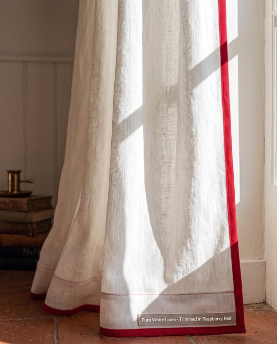 Linen Curtains with Trim, Custom Color Contrast Edge Linen Curtain Panel, Made to Measure, Handmade Boho Drapes, European Linen