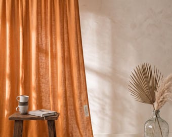 Terracotta linnen gordijnen, handgemaakt transparant linnen gordijnpaneel, op maat gemaakt, aangepaste afmetingen, premium Europees linnen in een warme oranje tint.