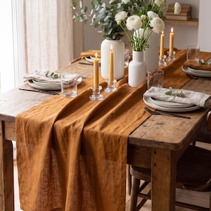 Rostfärgad bordslöpare i linne, 100 % linne, höstdekoration i lantlig stil, bordslöpare i specialstorlek, Thanksgiving Boho Kanelbrun