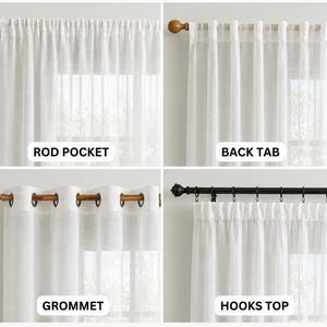 Op de afbeelding: Een vierdelige weergave van witte, transparante gordijnen met verschillende ophangstijlen: rod pocket, back tab, grommet en hooks top. Elk paneel is gelabeld met de bijbehorende stijlnaam in witte tekst op een rechthoekige achtergrond.