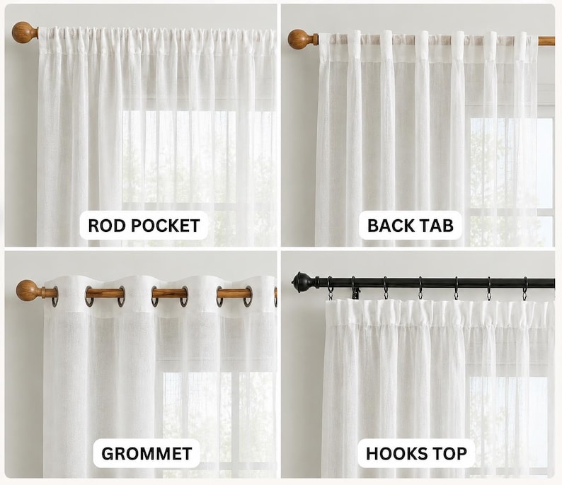 Op de afbeelding: Een vierdelige weergave van witte, transparante gordijnen met verschillende ophangstijlen: rod pocket, back tab, grommet en hooks top. Elk paneel is gelabeld met de bijbehorende stijlnaam in witte tekst op een rechthoekige achtergrond.