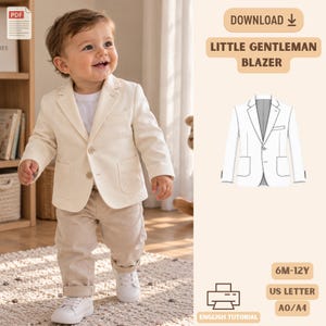 Könnte beinhalten: Ein digitales PDF-Schnittmuster für einen Little Gentleman Blazer, mit einer technischen Strichzeichnung einer einreihigen Jacke mit steigendem Revers, zwei Vordertaschen und einer Brusttasche. Enthält Größen für 6M-12Y, US Letter und A0/A4.