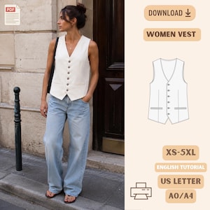 May include: A sleeveless off-white waistcoat with a V-neckline and six buttons down the front, paired with light blue wide-leg jeans. The image includes text labels: PDF, DOWNLOAD, WOMEN VEST, XS-5XL, ENGLISH TUTORIAL, US LETTER, and A0/A4.