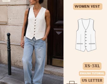 May include: A sleeveless off-white vest with a V-neckline and six buttons down the front, paired with light blue wide-leg jeans. The image includes text labels: PDF, DOWNLOAD, WOMEN VEST, XS-5XL, ENGLISH TUTORIAL, US LETTER, and A0/A4.