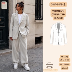 Naaipatroon voor een oversized damesblazer (PDF), jasje met relaxte pasvorm, printbaar, maten XS–5XL