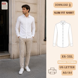 May include: A digital sewing pattern for a slim fit shirt, featuring a white long-sleeve button-down shirt illustration, with text labels including DOWNLOAD, SLIM FIT SHIRT, XS-5XL, ENGLISH TUTORIAL, US LETTER, and A0/A4, presented on a light background.