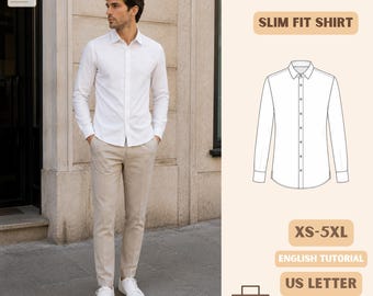 May include: A digital sewing pattern for a slim fit shirt, featuring a white long-sleeve button-down shirt illustration, with text labels including DOWNLOAD, SLIM FIT SHIRT, XS-5XL, ENGLISH TUTORIAL, US LETTER, and A0/A4, presented on a light background.