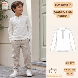 Può includere: Un cartamodello digitale per una classica maglia henley per bambini, con maniche lunghe e abbottonatura. L'immagine include un disegno tecnico della maglia, etichette per le taglie 2Y-12Y, formati US Letter e A0/A4 e un tutorial in inglese.