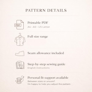 May include: A digital pattern details list featuring icons for a printable PDF in A4, A0, and US Letter sizes, a full size range shirt, seam allowance included, a step-by-step sewing guide with English instructions, and personal fit support.