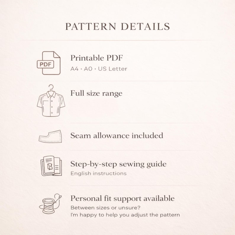May include: A digital pattern details list featuring icons for a printable PDF in A4, A0, and US Letter sizes, a full size range shirt, seam allowance included, a step-by-step sewing guide with English instructions, and personal fit support.