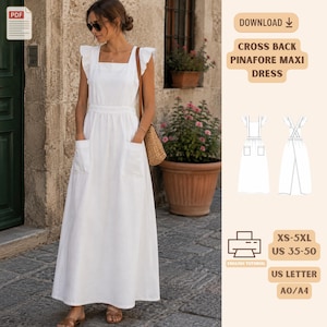 May include: A white sleeveless pinafore maxi dress with wide ruffled shoulder straps, a square neckline, and two large front patch pockets. The design includes a cross-back detail, available in sizes XS-5XL, with patterns for US Letter and A0/A4 paper formats.