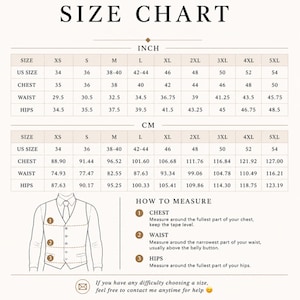 May include: A size chart for clothing featuring two tables with measurements in inches and centimeters for sizes XS through 5XL. It includes rows for US size, chest, waist, and hips, along with a diagram illustrating how to measure the chest, waist, and hips.