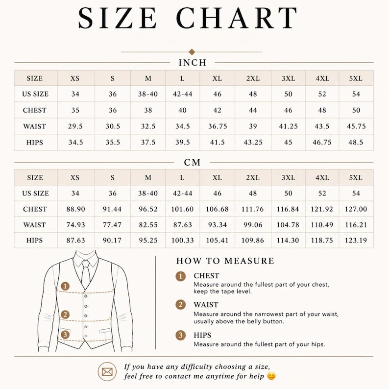 May include: A size chart for clothing featuring two tables with measurements in inches and centimeters for sizes XS through 5XL. It includes rows for US size, chest, waist, and hips, along with a diagram illustrating how to measure the chest, waist, and hips.