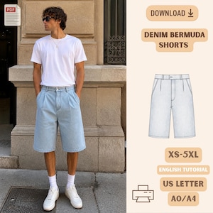 Op de afbeelding: Een digitaal naaipatroon voor denim bermuda shorts, met een technische lijntekening van het kledingstuk, labels voor maten XS-5XL, Engelse handleiding, US Letter en A0/A4 formaten, inclusief een PDF-pictogram en downloadknop.