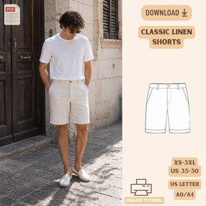 Men’s Classic Shorts PDF Sewing Pattern, Tailored Knee Length, XS-5XL
