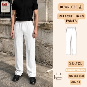 May include: A digital sewing pattern for relaxed linen pants featuring a black polo shirt and white trousers. The graphic includes text: DOWNLOAD, RELAXED LINEN PANTS, XS-5XL, ENGLISH TUTORIAL, US LETTER, A0/A4, and a PDF icon with a printer icon.
