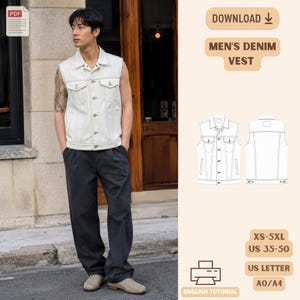 May include: A digital sewing pattern for a denim vest, featuring a white denim vest with a collar, button-front closure, and two chest pockets. The image includes technical line drawings of the front and back, with text labels: DOWNLOAD, MEN'S DENIM VEST, XS-5XL, US 35-50, US LETTER, A0/A4, and ENGLISH TUTORIAL.