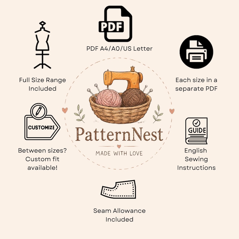 May include: A digital sewing pattern graphic featuring a central basket with yarn and a sewing machine. Text includes PatternNest, Made With Love, Full Size Range Included, PDF A4/A0/US Letter, Each size in a separate PDF, Guide, Customize, and Seam Allowance Included.