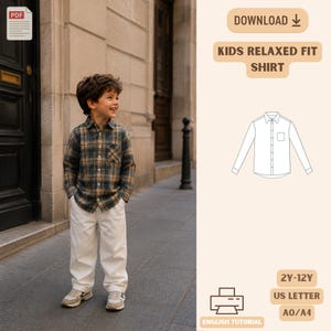 May include: A digital sewing pattern for a kids relaxed fit shirt, featuring a plaid long-sleeve button-down shirt with a chest pocket, white trousers, and text including DOWNLOAD, KIDS RELAXED FIT SHIRT, 2Y-12Y, US LETTER, A0/A4, and ENGLISH TUTORIAL.
