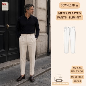 Mens Slim Fit Pleated Pants PDF Sewing Pattern Tailored Trousers XS 5XL