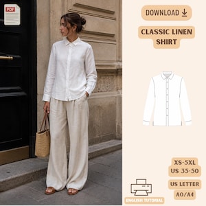 Women’s Classic Shirt PDF Sewing Pattern, Button Front, Long Sleeve, XS-5XL