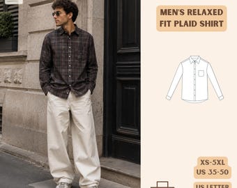 メンズ リラックスフィット シャツの型紙、XS～5XL、長袖 PDFダウンロード