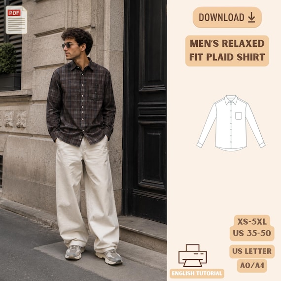Mens Relaxed Fit Shirt Sewing Pattern, XS-5XL, Long Sleeve PDF Download