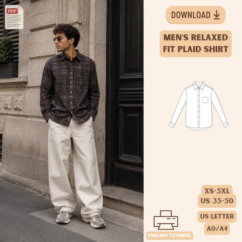 May include: A long-sleeve button-down shirt with a dark plaid pattern, paired with wide-leg off-white trousers and grey sneakers. The image includes a PDF icon, a technical line drawing of the shirt, and text: DOWNLOAD, MEN'S RELAXED FIT PLAID SHIRT, XS-5XL, US 35-50, US LETTER, A0/A4, ENGLISH TUTORIAL.