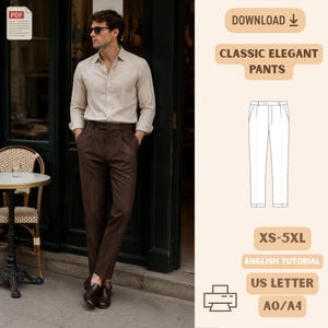 Mens Pleated Trousers PDF Sewing Pattern Classic Tailored Pants XS 5XL