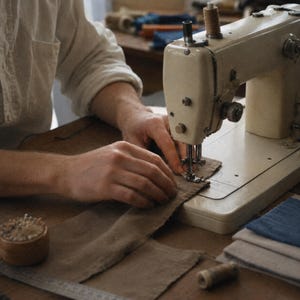 May include: A vintage-style cream-colored sewing machine with a metal body and mechanical dials. The machine is actively stitching a piece of brown fabric. Nearby, a small wooden pincushion filled with metal pins sits on the work surface.