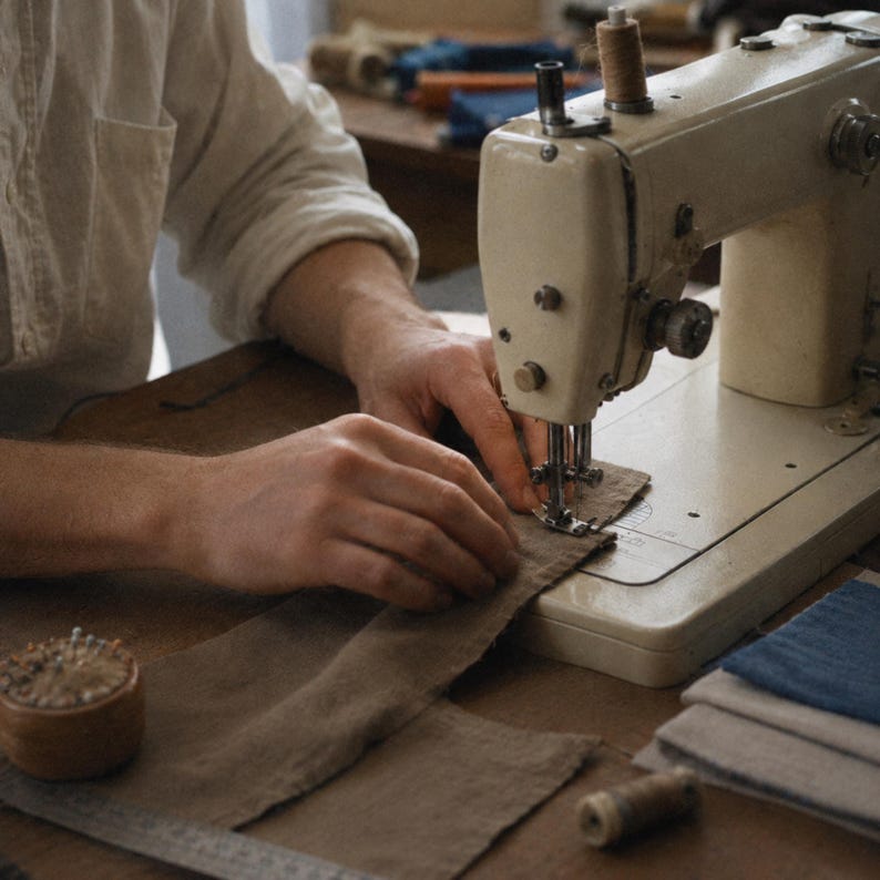 May include: A vintage-style cream-colored sewing machine with a metal body and mechanical dials. The machine is actively stitching a piece of brown fabric. Nearby, a small wooden pincushion filled with metal pins sits on the work surface.