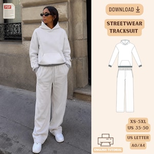 Mönster för streetwear-träningsoverall i PDF-format, överdimensionerad huvtröja, vida benbyxor