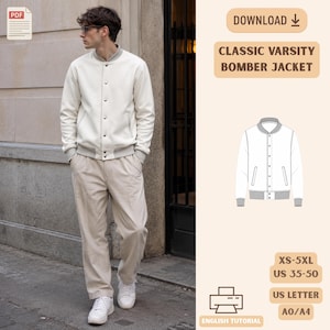 May include: A cream-colored varsity bomber jacket with a ribbed collar, cuffs, and hem, featuring a front snap-button closure and two side pockets. The digital pattern includes text reading CLASSIC VARSITY BOMBER JACKET, XS-5XL, US 35-50, US LETTER, A0/A4, and ENGLISH TUTORIAL.