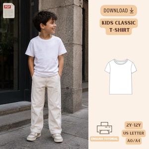 May include: A digital sewing pattern for a kids classic t-shirt featuring a white crew neck shirt, a line drawing of the garment, and text labels including DOWNLOAD, KIDS CLASSIC T-SHIRT, 2Y-12Y, US LETTER, A0/A4, and ENGLISH TUTORIAL.