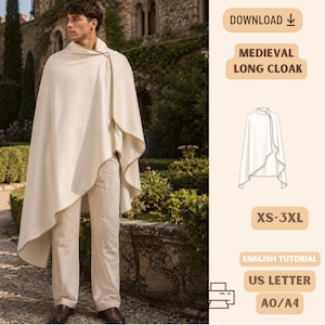 Könnte beinhalten: Ein cremefarbener langer Umhang mit einem Metallringverschluss, kombiniert mit einer passenden Hose. Das Bild enthält den Text: DOWNLOAD, MEDIEVAL LONG CLOAK, XS-3XL, ENGLISH TUTORIAL, US LETTER, A0/A4 sowie ein Druckersymbol.