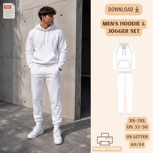May include: A white hoodie and jogger set featuring a front kangaroo pocket and drawstring hood. The image includes a digital pattern illustration labeled MEN'S HOODIE & JOGGER SET, with sizing XS-5XL, US 35-50, US LETTER, and A0/A4 formats.