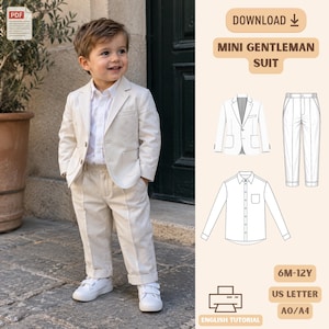 May include: A digital sewing pattern for a mini gentleman suit, including a blazer, button-down shirt, and trousers. The image displays a child wearing the beige suit and includes technical line drawings, PDF icons, and text: DOWNLOAD, 6M-12Y.