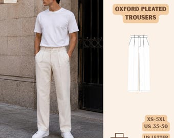 メンズプリーツパンツの型紙（PDF）、ストレートレッグ、XS～5XL